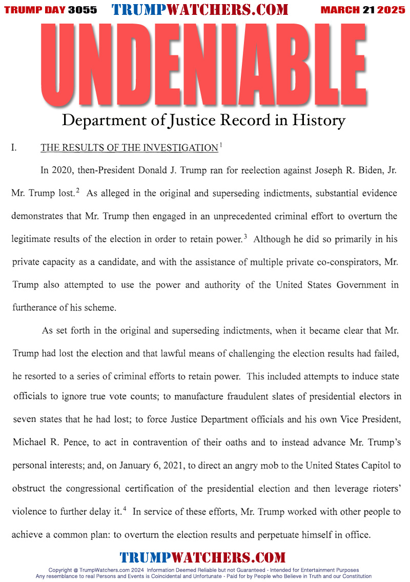 I. THE RESULTS OF THE INVESTIGATION 1
In 2020, then-President Donald J. Trump ran for reelection against Joseph R. Biden, Jr. Mr. Trump lost. As alleged in the original and superseding indictments, substantial evidence demonstrates that Mr. Trump then engaged in an unprecedented criminal effort to overturn the legitimate results of the election in order to retain power. 

Although he did so primarily in his private capacity as a candidate, and with the assistance of multiple private co-conspirators, Mr. Trump also attempted to use the power and authority of the United States Government in furtherance of his scheme.

As set forth in the original and superseding indictments, when it became clear that Mr. Trump had lost the election and that lawful means of challenging the election results had failed, he resorted to a series of criminal efforts to retain power. This included attempts to induce state  officials to ignore true vote counts; to manufacture fraudulent slates of presidential electors in seven states that he had lost; to force Justice Department officials and his own Vice President, Michael R. Pence, to act in contravention of their oaths and to instead advance Mr. Trump's personal interests; and, on January 6, 2021, to direct an angry mob to the United States Capitol to obstruct the congressional certification of the presidential election and then leverage rioters' violence to further delay it. 

In service of these efforts, Mr. Trump worked with other people to achieve a common plan: to overturn the election results and perpetuate himself in office.
